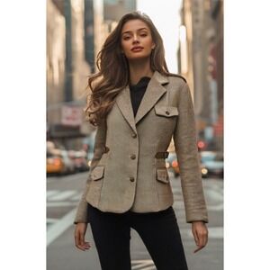 90s Together Tweed Blazer Size 4 Tan Military Safari Cinch Waist Epaulette EUC